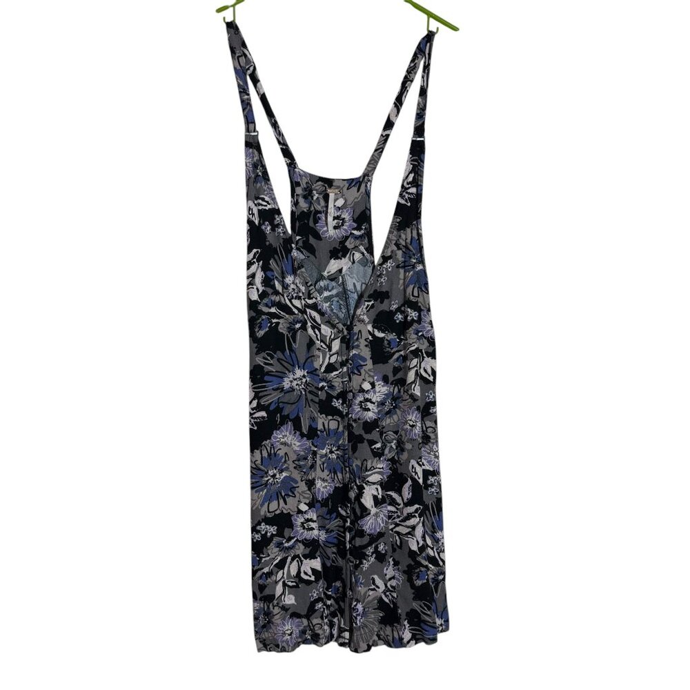 Free People Jump & Jive Button Front Floral Micro Blue Black Mini Dress, US 0
